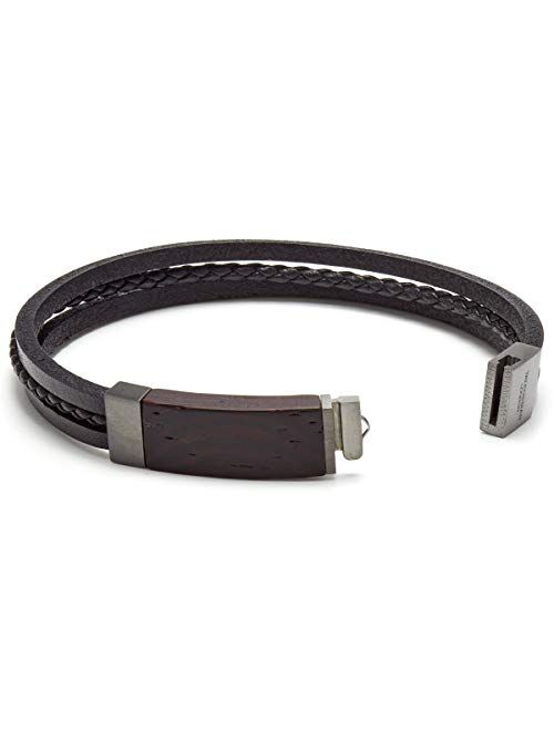 Tateossian Men's Madera Multi Strand Black Leather Bracelet, Medium 18cm