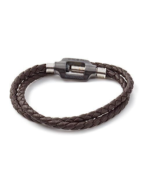 Tateossian Mens Double Wrap Leather and Silver Bolt Bracelet