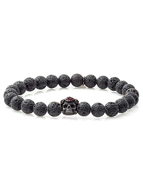 Tateossian Grateful Dead Skull Bracelet with Black Lava Beads