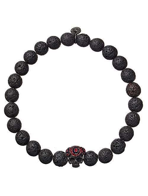 Tateossian Grateful Dead Skull Bracelet with Black Lava Beads