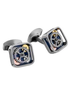 Gunmetal Plated with Brushed Finish, Blue Enamel and Corner Gears Cufflink