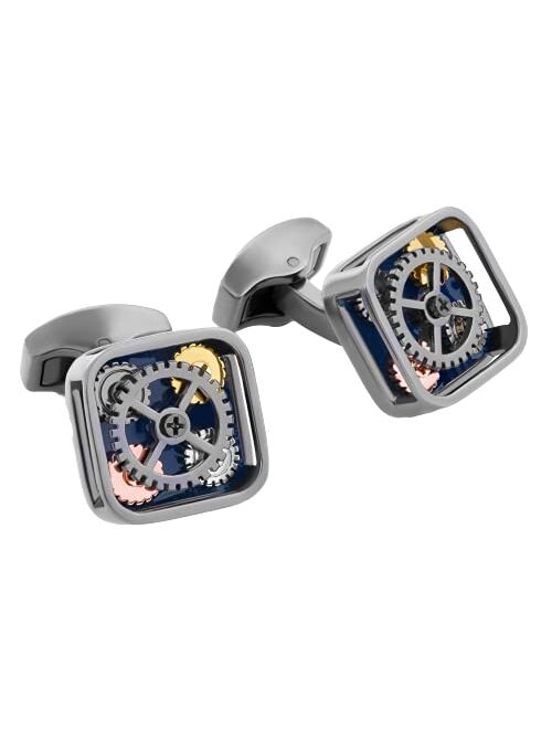 Tateossian Gunmetal Plated with Brushed Finish, Blue Enamel and Corner Gears Cufflink