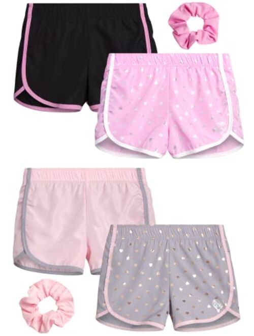 Body Glove Girls Shorts 4 Pack Athletic Performance Dry Fit Dolphin Gym Shorts, Scrunchie (7-12)