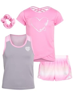 Girls Active Short Set with Matching Tank Top and T-Shirt (3-Piece)