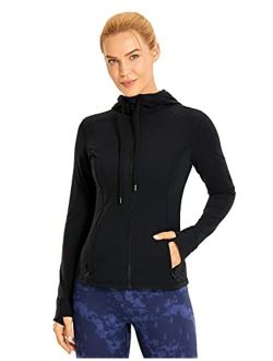 Women's Brushed Full Zip Hoodie Jacket Sportswear Hooded Workout Track Running Jacket with Zip Pockets