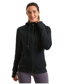 Women's Cotton Hoodies Sport Workout Running Full Zip Hooded Jackets Sweatshirt with Thumb Holes