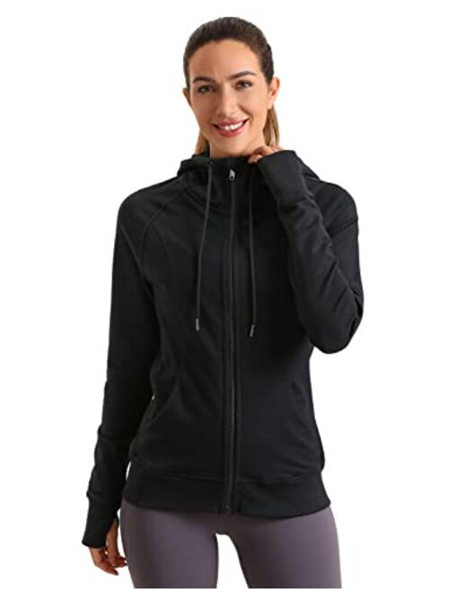 CRZ YOGA Women's Cotton Hoodies Sport Workout Running Full Zip Hooded Jackets Sweatshirt with Thumb Holes