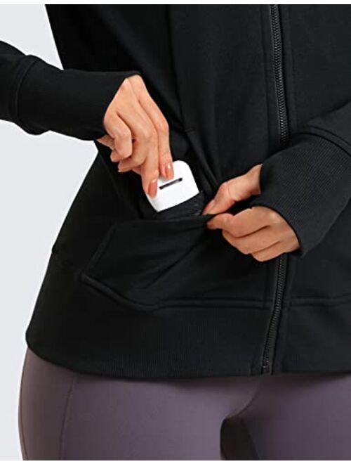 CRZ YOGA Women's Cotton Hoodies Sport Workout Running Full Zip Hooded Jackets Sweatshirt with Thumb Holes