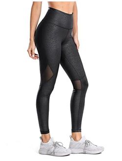 Women's Faux Leather Workout Leggings 25 Inches - Mesh Tight Athletic Pants with Drawcord Matte Coated