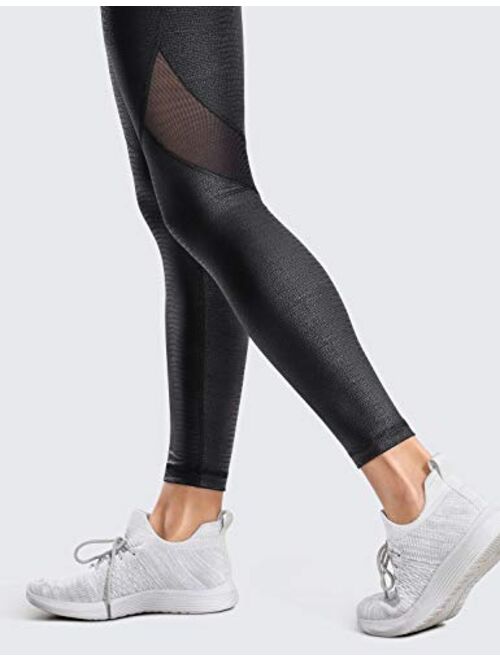 CRZ YOGA Women's Faux Leather Workout Leggings 25 Inches - Mesh Tight Athletic Pants with Drawcord Matte Coated