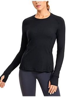 Women's Long Sleeve Running Shirt with Thumbholes Slim Fit Athletic Workout Base Layer Top with Pocket