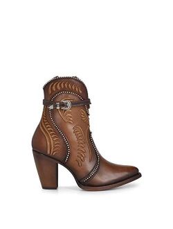 Women's Bootie in Bovine Leather with Embroidery and Zipper