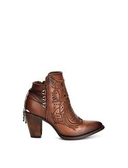 Women's Bootie in Genuine Leather with Embroidery and Zipper Brown