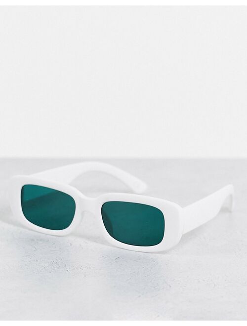 ASOS DESIGN mid rectangle sunglasses in white recycled frame with ink green lens