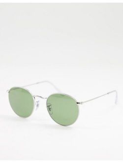 round sunglasses silver frame with green tint lenses