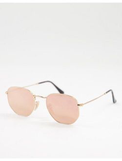 hexagonal sunglasses in gold with pink lens