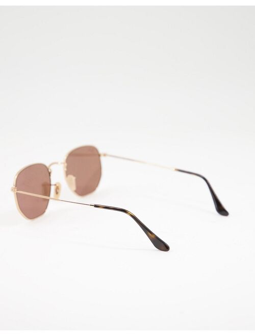 Ray-Ban hexagonal sunglasses in gold with pink lens