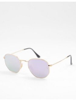 hexagonal sunglasses in gold with purple lens