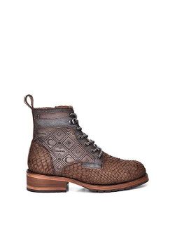 Men's Lace Up Boot in Genuine Pirarucu Leather with Zipper Brown