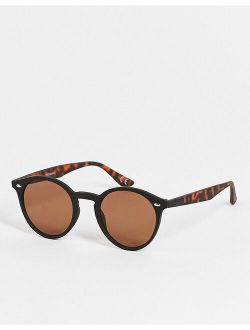 recycled frame round sunglasses in black with tortoiseshell detail