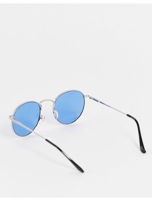 ASOS DESIGN 90s round sunglasses in silver metal with blue lens - SILVER