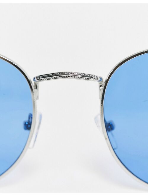 ASOS DESIGN 90s round sunglasses in silver metal with blue lens - SILVER
