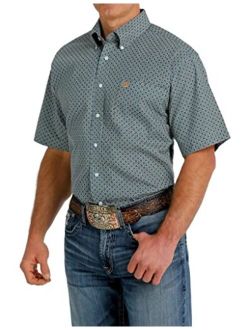 Men's Blue Medallion Geo Print Short Sleeve Button-Down Western Shirt