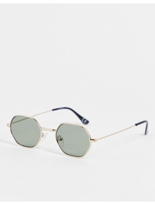 ASOS DESIGN 90's/Retro mini angled sunglasses in gold recycled metal with dark green lens