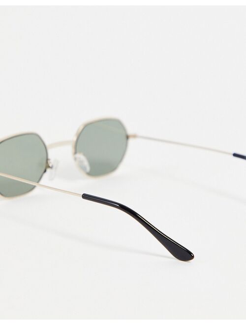 ASOS DESIGN 90's/Retro mini angled sunglasses in gold recycled metal with dark green lens
