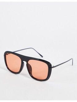 aviator sunglasses in black with orange lens
