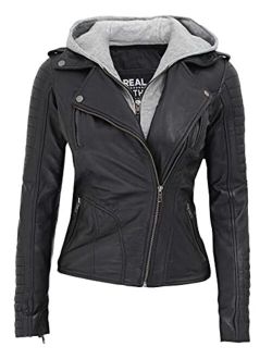 Hooded Leather Jacket Women - Real Lambskin Womens Leather Jacket with Detachable Hood