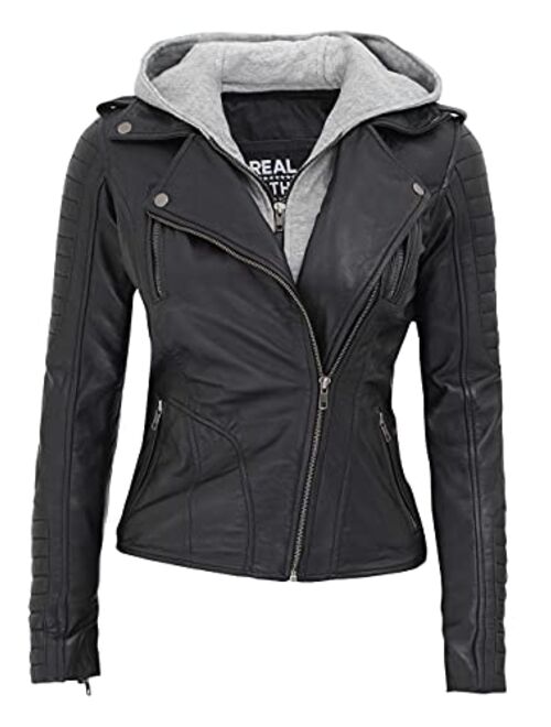 Decrum Hooded Leather Jacket Women - Real Lambskin Womens Leather Jacket with Detachable Hood