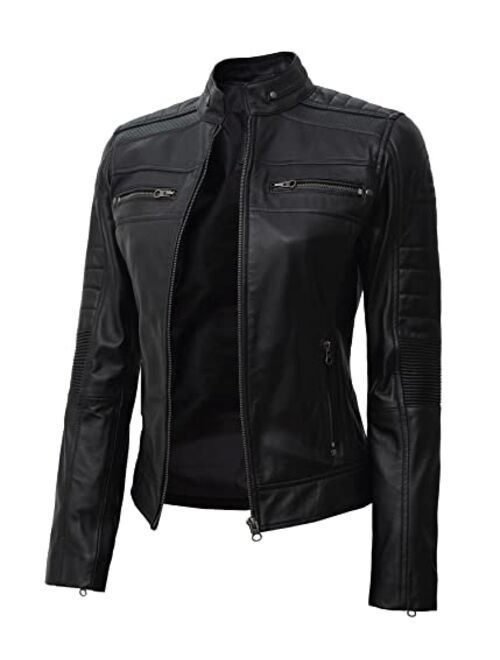 Decrum Leather Jacket Women - Cafe Racer Real Lambskin Leather Motorcycle Jackets