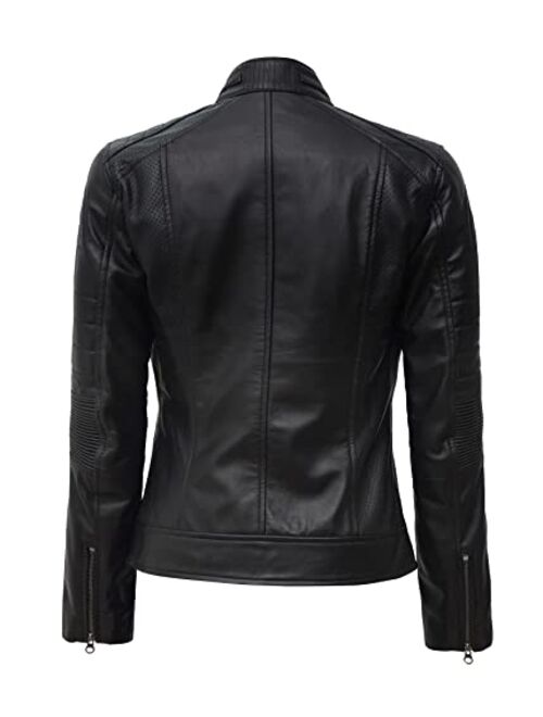 Decrum Leather Jacket Women - Cafe Racer Real Lambskin Leather Motorcycle Jackets