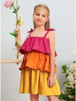 Girls Colorblock Tiered Layer Knot Straps Cami Dress