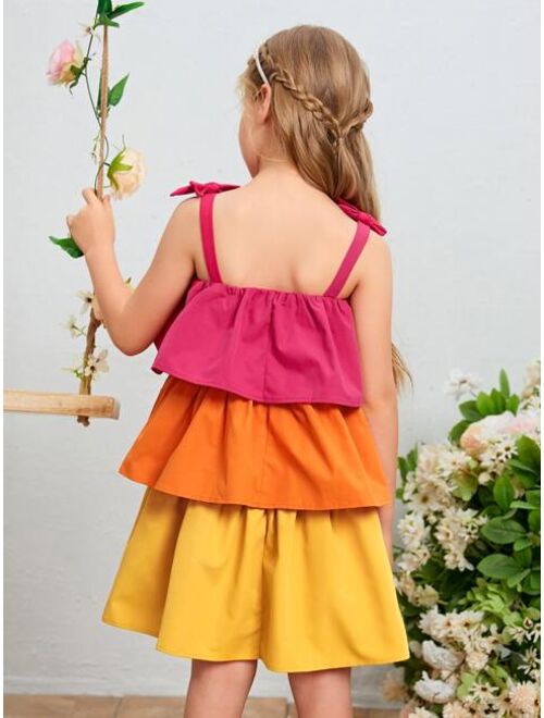 SHEIN Girls Colorblock Tiered Layer Knot Straps Cami Dress