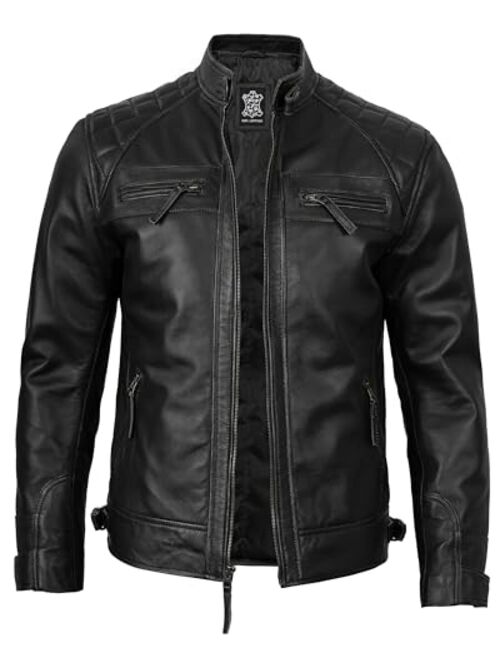 Decrum Leather Jacket Men - Cafe Racer Motorcycle Real Lambskin Leather Biker Jacket