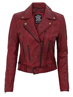 Red Leather Jacket Women Real Lambskin Burgundy Motorcycle Jackets