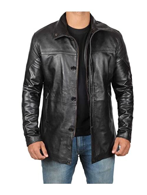 Decrum Mens Black Leather Coat - Real Leather 3/4 Length Brown Carcoat Winter Jackets for Men