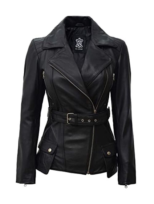 Decrum Women's Leather Jacket - Real Lambskin Belted Leather Jackets For Women