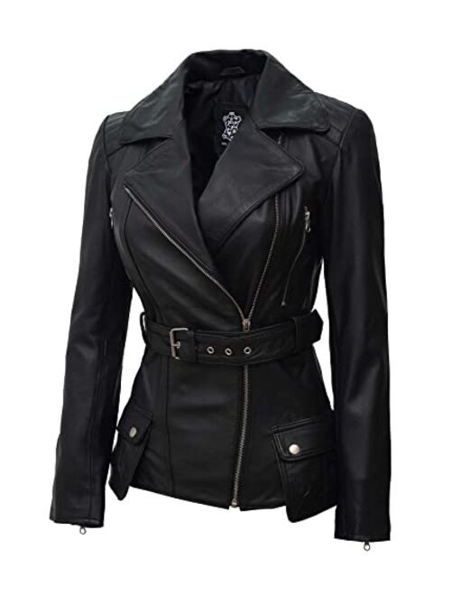 Decrum Women's Leather Jacket - Real Lambskin Belted Leather Jackets For Women