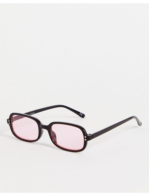 ASOS DESIGN recycled rectangle sunglasses with pink lens in black