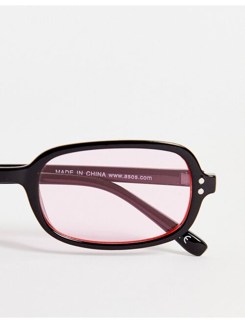 ASOS DESIGN recycled rectangle sunglasses with pink lens in black