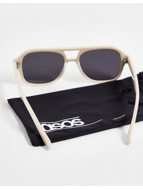 ASOS DESIGN recycled navigator sunglasses in ecru with smoke lens