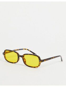 retro recycled rectangle sunglasses with yellow lens in brown tortoiseshell
