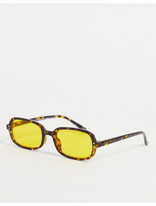 ASOS DESIGN retro recycled rectangle sunglasses with yellow lens in brown tortoiseshell