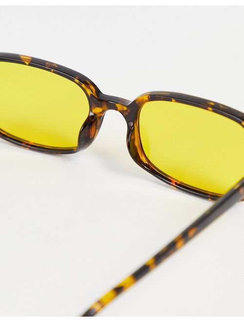 ASOS DESIGN retro recycled rectangle sunglasses with yellow lens in brown tortoiseshell