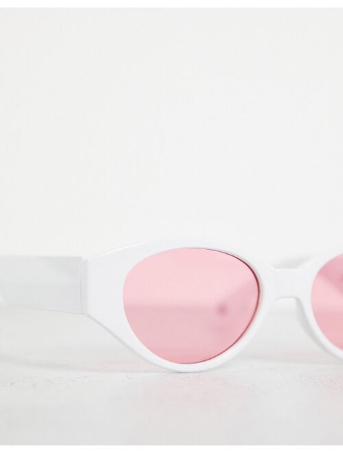 ASOS DESIGN retro recycled oval sunglasses with pink lens in white