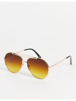 metal aviator sunglasses with brown gradient lens in gold