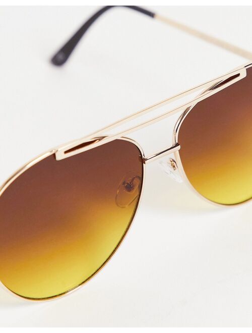 ASOS DESIGN metal aviator sunglasses with brown gradient lens in gold